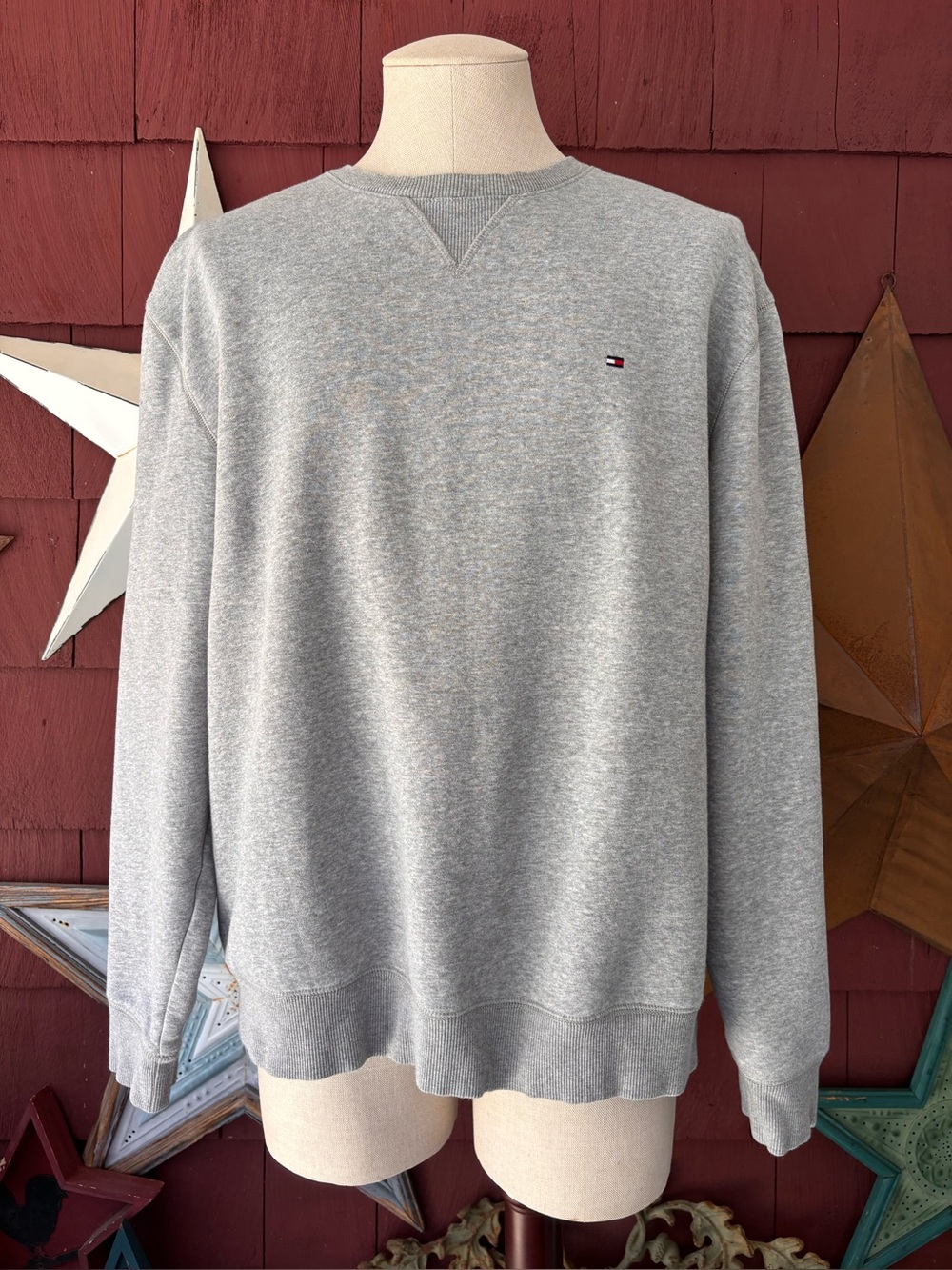 Tommy Hilfiger Sweater Gray Crew Neck Premium Cotton Knit Pullover Logo Mens XXL